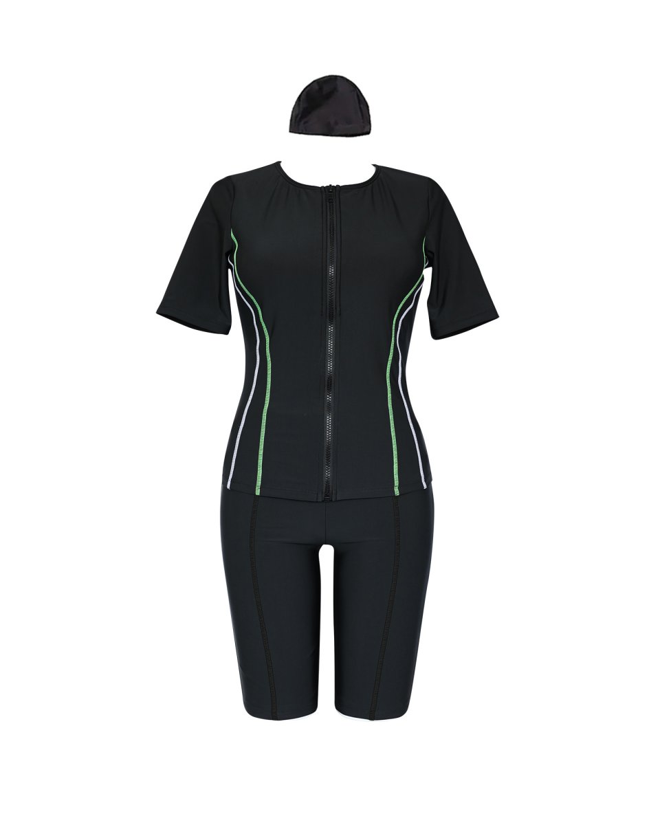 画像12: 競泳練習用水着　めぐれ防止ボタン着き フィットネス 水着セット キャップ付き レディース  セパレート  半袖 上下セット 大きいサイズ　体型カバー　 (12)