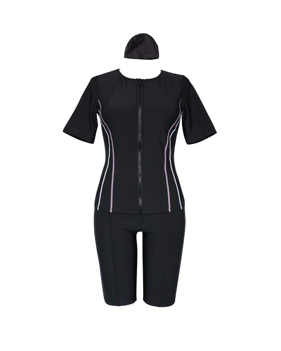 画像15: 競泳練習用水着　めぐれ防止ボタン着き フィットネス 水着セット キャップ付き レディース  セパレート  半袖 上下セット 大きいサイズ　体型カバー　 (15)