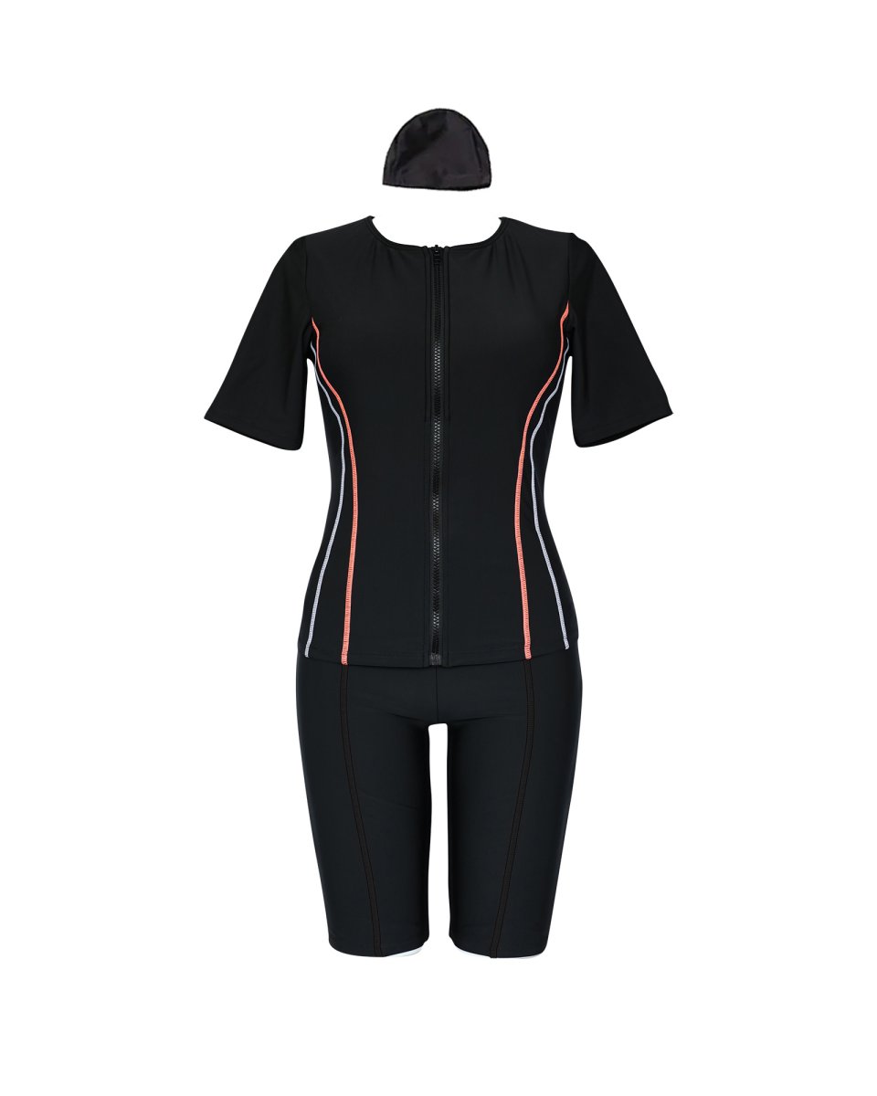 画像13: 競泳練習用水着　めぐれ防止ボタン着き フィットネス 水着セット キャップ付き レディース  セパレート  半袖 上下セット 大きいサイズ　体型カバー　 (13)