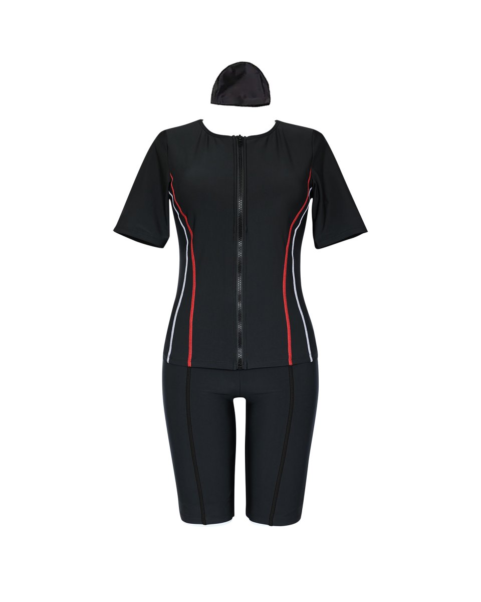 画像14: 競泳練習用水着　めぐれ防止ボタン着き フィットネス 水着セット キャップ付き レディース  セパレート  半袖 上下セット 大きいサイズ　体型カバー　 (14)