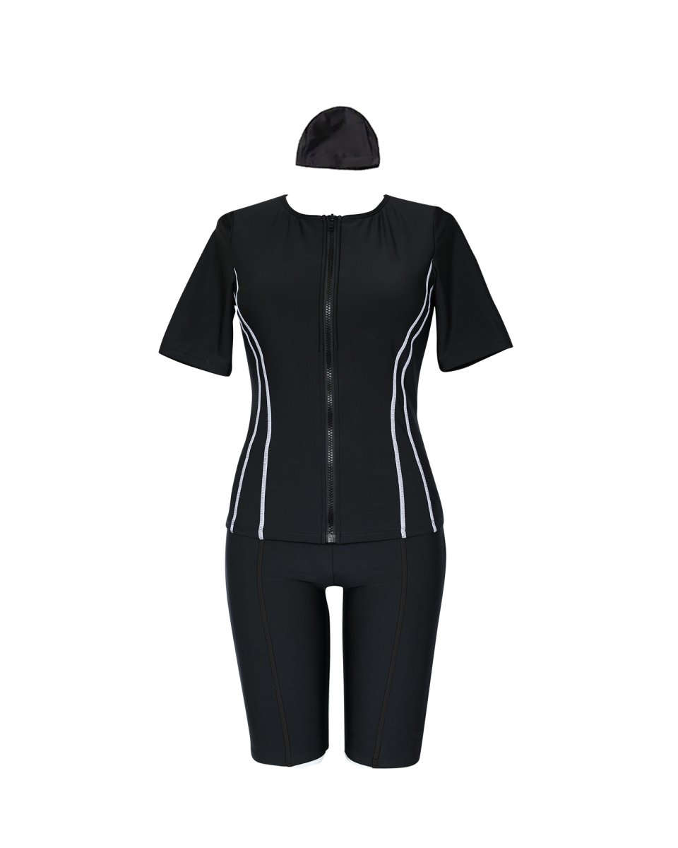 画像10: 競泳練習用水着　めぐれ防止ボタン着き フィットネス 水着セット キャップ付き レディース  セパレート  半袖 上下セット 大きいサイズ　体型カバー　 (10)