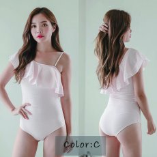 画像19: モノキニ水着 凸凹生地 ワンショルター モノキニスイム ドレス水着 レディース ビキニ ワンショルダー フリル 体型カバーバックシャン 2way (19)