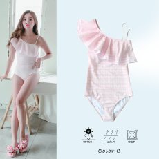 画像20: モノキニ水着 凸凹生地 ワンショルター モノキニスイム ドレス水着 レディース ビキニ ワンショルダー フリル 体型カバーバックシャン 2way (20)