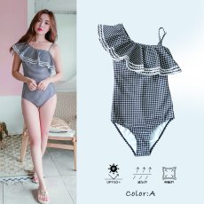 画像16: モノキニ水着 凸凹生地 ワンショルター モノキニスイム ドレス水着 レディース ビキニ ワンショルダー フリル 体型カバーバックシャン 2way (16)