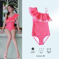 画像18: モノキニ水着 凸凹生地 ワンショルター モノキニスイム ドレス水着 レディース ビキニ ワンショルダー フリル 体型カバーバックシャン 2way (18)