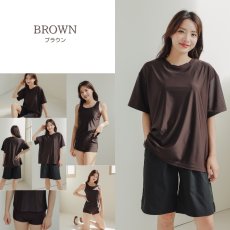 画像34: レデイース水着 半袖Tシャツ ショットパンツ タンクトップス ショーツ 四点セット 体系カバー水着  タンキニ 4点セット 大人 ビキニ タンクトップ ショートパンツ Tシャツ ラッシュガード ママ水着 (34)