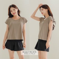 画像32: レデイース水着 インナータンキニ付き 無地袖なしTシャツ インナーパンツ付き ショットパンツ 二点セット水着 UVカットレイヤード風 タンキニ セパレート ノンワイヤー パッド付き (32)