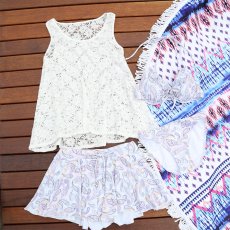 画像14: レースワンピース　スカパン水着4点セット 体型カバー ワイヤービキニ　カバーアップ オーバーTシャツ ショートパンツ ４点セット　トレンドレースワンピース ペズリー柄水着　大人水着　オシャレー水着 (14)