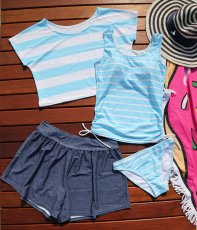画像16: 体型カバーアップ4点セット水着　レディース タンキニ 4点セット 体型カバー オーバーTシャツ ショートパンツ タンクトップ ラッシュガード カバーアップ ゆったり ママ水着 UVカット (16)
