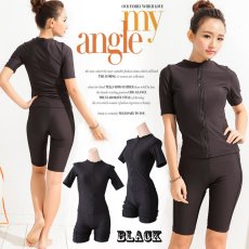 画像46: シンプル9色　半袖ハイウェイストフィットネス水着　フィットネス水着 レディース セパレート 半袖 水着 フィットネス レディース セパレート水着 女性 ラッシュガード かわいい めくれ防止 体型カバー (46)