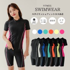画像1: めぐれ防止　ボタン付き　帽子つき　フィットネス　水着３点セット　タンキニ競泳練習用水着　スポーツウェア　ジム用ウェア　19Lサイズ　体系カバー　半袖　パッド付　 (1)