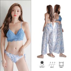 画像1: 長ズボン付き クロシェ ビキニセット スイムウェア ビキニ  ニット水着 レディース 3点セット クロスビキニ水着 ワイドロングパンツ付き (1)