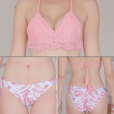 画像31: 長ズボン付き クロシェ ビキニセット スイムウェア ビキニ  ニット水着 レディース 3点セット クロスビキニ水着 ワイドロングパンツ付き (31)