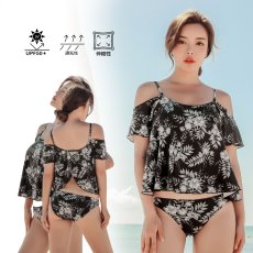 画像1: 3点水着セットオフォショール水着 水着レディース 体型カバー ビキニ セパレート 3点セット 水着 パンツ オフショルダータンキニ 可愛い 花柄 泳衣 温泉 海水浴 (1)