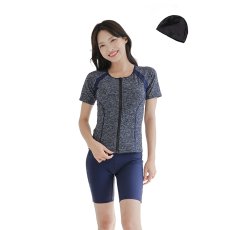 画像16: めぐれ防止ボタン着きフィットネス水着セット 競泳練習用水着 水着セット キャップ付き レディース セパレート 半袖 上下セット 大きいサイズ 体型カバ- (16)