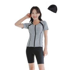画像15: めぐれ防止ボタン着きフィットネス水着セット 競泳練習用水着 水着セット キャップ付き レディース セパレート 半袖 上下セット 大きいサイズ 体型カバ- (15)
