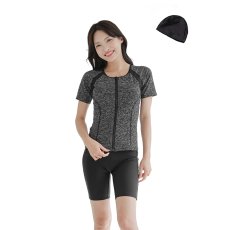 画像14: めぐれ防止ボタン着きフィットネス水着セット 競泳練習用水着 水着セット キャップ付き レディース セパレート 半袖 上下セット 大きいサイズ 体型カバ- (14)