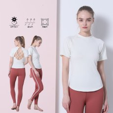 画像23: 半袖ヨガ単品Tシャツ　レディース 半袖 接触冷感 トップス Tシャツ 春 夏 ヨガウェア ロング丈 ストレッチ 吸水 速乾 消臭 体型カバー ゆったり 20代 30代 40代 50代 60代 長め フィットネス スポーツ  (23)