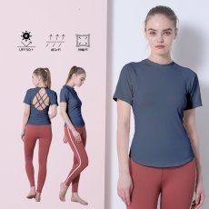 画像26: 半袖ヨガ単品Tシャツ　レディース 半袖 接触冷感 トップス Tシャツ 春 夏 ヨガウェア ロング丈 ストレッチ 吸水 速乾 消臭 体型カバー ゆったり 20代 30代 40代 50代 60代 長め フィットネス スポーツ  (26)