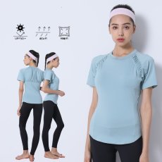 画像26: カップ付きヨガ単品Tシャツ Tシャツ レディース 半袖 ストレッチ 吸汗 速乾 スポーツ ナイロン 無地 シャツ ランニング ソフト ヨガ トップス テニス ジム ウェア 透け防止 UVカット 運動着 (26)