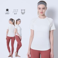 画像25: カップ付きヨガ単品Tシャツ Tシャツ レディース 半袖 ストレッチ 吸汗 速乾 スポーツ ナイロン 無地 シャツ ランニング ソフト ヨガ トップス テニス ジム ウェア 透け防止 UVカット 運動着 (25)
