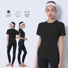 画像24: カップ付きヨガ単品Tシャツ Tシャツ レディース 半袖 ストレッチ 吸汗 速乾 スポーツ ナイロン 無地 シャツ ランニング ソフト ヨガ トップス テニス ジム ウェア 透け防止 UVカット 運動着 (24)