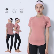 画像28: カップ付きヨガ単品Tシャツ Tシャツ レディース 半袖 ストレッチ 吸汗 速乾 スポーツ ナイロン 無地 シャツ ランニング ソフト ヨガ トップス テニス ジム ウェア 透け防止 UVカット 運動着 (28)