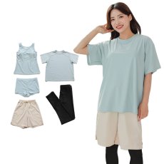 画像22: 体系カバー水着５点セット　Tシャツ　布帛サーフパンツ　レギンス　タンキニ上下セット運動服　ヨガ　スポーツウェア レディース ラッシュガード 上下セット 体型カバー セパレート タンキニ 長袖 5点セット 半袖  レギンス uvカット upf50+ プール 海 水陸両用 無地シンプル色展開　 (22)