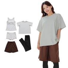 画像21: 体系カバー水着５点セット　Tシャツ　布帛サーフパンツ　レギンス　タンキニ上下セット運動服　ヨガ　スポーツウェア レディース ラッシュガード 上下セット 体型カバー セパレート タンキニ 長袖 5点セット 半袖  レギンス uvカット upf50+ プール 海 水陸両用 無地シンプル色展開　 (21)