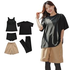 画像17: 体系カバー水着５点セット　Tシャツ　布帛サーフパンツ　レギンス　タンキニ上下セット運動服　ヨガ　スポーツウェア レディース ラッシュガード 上下セット 体型カバー セパレート タンキニ 長袖 5点セット 半袖  レギンス uvカット upf50+ プール 海 水陸両用 無地シンプル色展開　 (17)