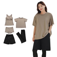 画像19: 体系カバー水着５点セット　Tシャツ　布帛サーフパンツ　レギンス　タンキニ上下セット運動服　ヨガ　スポーツウェア レディース ラッシュガード 上下セット 体型カバー セパレート タンキニ 長袖 5点セット 半袖  レギンス uvカット upf50+ プール 海 水陸両用 無地シンプル色展開　 (19)