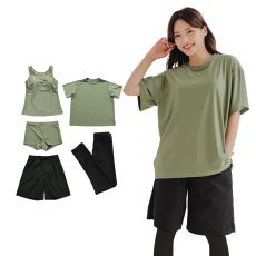 画像18: 体系カバー水着５点セット　Tシャツ　布帛サーフパンツ　レギンス　タンキニ上下セット運動服　ヨガ　スポーツウェア レディース ラッシュガード 上下セット 体型カバー セパレート タンキニ 長袖 5点セット 半袖  レギンス uvカット upf50+ プール 海 水陸両用 無地シンプル色展開　 (18)