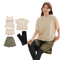 画像24: 体系カバー水着５点セット　Tシャツ　布帛サーフパンツ　レギンス　タンキニ上下セット運動服　ヨガ　スポーツウェア レディース ラッシュガード 上下セット 体型カバー セパレート タンキニ 長袖 5点セット 半袖  レギンス uvカット upf50+ プール 海 水陸両用 無地シンプル色展開　 (24)