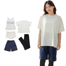 画像23: 体系カバー水着５点セット　Tシャツ　布帛サーフパンツ　レギンス　タンキニ上下セット運動服　ヨガ　スポーツウェア レディース ラッシュガード 上下セット 体型カバー セパレート タンキニ 長袖 5点セット 半袖  レギンス uvカット upf50+ プール 海 水陸両用 無地シンプル色展開　 (23)