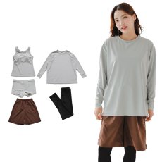 画像20: 無地　ロング袖体系カバーTシャツ　布帛ショットパンツ　レギンス　タンキニ上下セット　水着5点セット レディース 体型カバー ラッシュガード 長袖  5点セット フィットネス  (20)