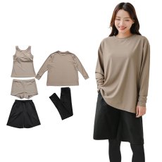 画像23: 無地　ロング袖体系カバーTシャツ　布帛ショットパンツ　レギンス　タンキニ上下セット　水着5点セット レディース 体型カバー ラッシュガード 長袖  5点セット フィットネス  (23)