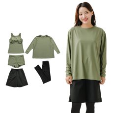 画像19: 無地　ロング袖体系カバーTシャツ　布帛ショットパンツ　レギンス　タンキニ上下セット　水着5点セット レディース 体型カバー ラッシュガード 長袖  5点セット フィットネス  (19)