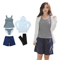 画像17: ラッシュガード　布帛ショットパンツ　タンキニ上下セット　レギンス　水着5点セット　体型カバー セパレート タンキニ 長袖 5点セット フード付き パーカー レギンス uvカットupf50+ プール 海 海水浴 サウナ　ヨガウェア (17)
