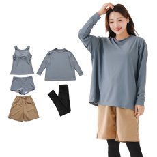 画像18: 無地　ロング袖体系カバーTシャツ　布帛ショットパンツ　レギンス　タンキニ上下セット　水着5点セット レディース 体型カバー ラッシュガード 長袖  5点セット フィットネス  (18)