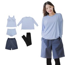 画像2: 体系カバー水着５点セット　Tシャツ　布帛サーフパンツ　レギンス　タンキニ上下セット運動服　ヨガ　スポーツウェア レディース ラッシュガード 上下セット 体型カバー セパレート タンキニ 長袖 レギンス uvカット upf50+ プール 海 水陸両用 無地シンプル色展開　 (2)