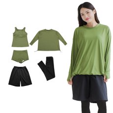 画像3: 体系カバー水着５点セット　Tシャツ　布帛サーフパンツ　レギンス　タンキニ上下セット運動服　ヨガ　スポーツウェア レディース ラッシュガード 上下セット 体型カバー セパレート タンキニ 長袖 レギンス uvカット upf50+ プール 海 水陸両用 無地シンプル色展開　 (3)