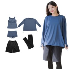 画像5: 体系カバー水着５点セット　Tシャツ　布帛サーフパンツ　レギンス　タンキニ上下セット運動服　ヨガ　スポーツウェア レディース ラッシュガード 上下セット 体型カバー セパレート タンキニ 長袖 レギンス uvカット upf50+ プール 海 水陸両用 無地シンプル色展開　 (5)