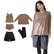画像4: 体系カバー水着５点セット　Tシャツ　布帛サーフパンツ　レギンス　タンキニ上下セット運動服　ヨガ　スポーツウェア レディース ラッシュガード 上下セット 体型カバー セパレート タンキニ 長袖 レギンス uvカット upf50+ プール 海 水陸両用 無地シンプル色展開　 (4)