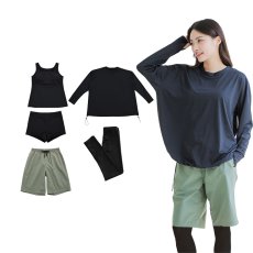画像9: 体系カバー水着５点セット　Tシャツ　布帛サーフパンツ　レギンス　タンキニ上下セット運動服　ヨガ　スポーツウェア レディース ラッシュガード 上下セット 体型カバー セパレート タンキニ 長袖 レギンス uvカット upf50+ プール 海 水陸両用 無地シンプル色展開　 (9)