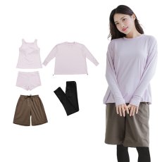 画像7: 体系カバー水着５点セット　Tシャツ　布帛サーフパンツ　レギンス　タンキニ上下セット運動服　ヨガ　スポーツウェア レディース ラッシュガード 上下セット 体型カバー セパレート タンキニ 長袖 レギンス uvカット upf50+ プール 海 水陸両用 無地シンプル色展開　 (7)