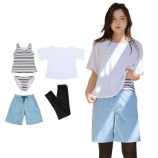 画像34: 体系カバー水着５点セット　Tシャツ　布帛サーフパンツ　レギンス　タンキニ上下セット運動服　ヨガ　スポーツウェア レディース セパレート タンキニ 半袖 5点セット  uvカット upf50+ プール 海 水陸両用 無地シンプル色展開　 (34)