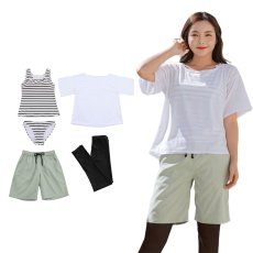 画像32: 体系カバー水着５点セット　Tシャツ　布帛サーフパンツ　レギンス　タンキニ上下セット運動服　ヨガ　スポーツウェア レディース セパレート タンキニ 半袖 5点セット  uvカット upf50+ プール 海 水陸両用 無地シンプル色展開　 (32)