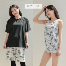 画像17: 半袖Tシャツと膝までロングショットパンツ、タンキニトップス、四角ショーツとレギンス　５点セット水着　水着 レディース 体型カバー タンキニ 5点 セット タンクトップ ショートパンツ Tシャツ ラッシュガード ママ水着 (17)