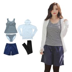 画像12: ラッシュガード　布帛ショットパンツ　タンキニ上下セット　レギンス　水着5点セット　体型カバー セパレート タンキニ 長袖 5点セット フード付き パーカー レギンス uvカットupf50+ プール 海 海水浴 サウナ　ヨガウェア (12)