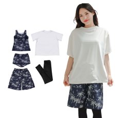 画像18: 半袖Tシャツと膝までロングショットパンツ、タンキニトップス、四角ショーツとレギンス　５点セット水着　水着 レディース 体型カバー タンキニ 5点 セット タンクトップ ショートパンツ Tシャツ ラッシュガード ママ水着 (18)